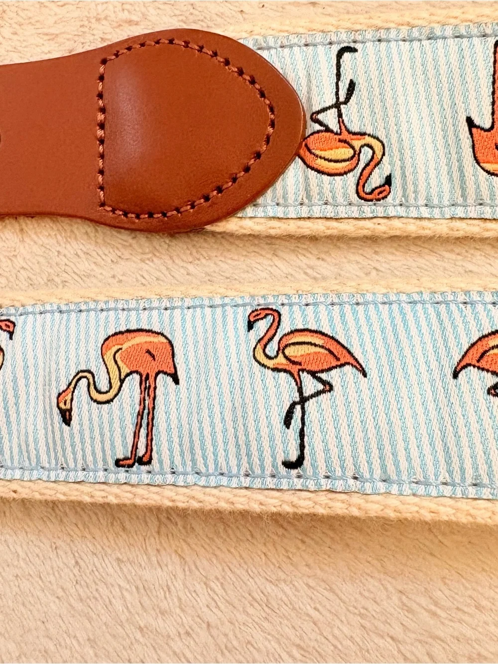 Flamingo Print Ribbon Canvas and Saddle Leather Trim Brass Buckle Sz 32